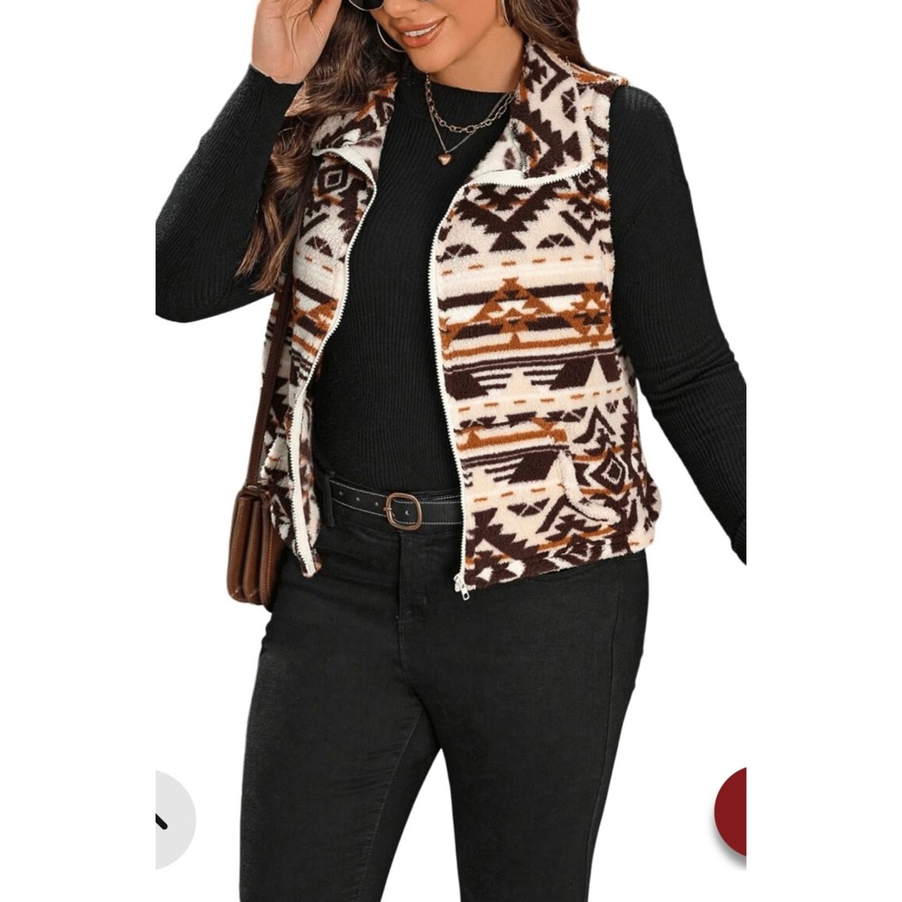 Aztec Print Fleece Vest‎ Womens Southwestern Tribal Sherpa Zip Up Sleeveless XL